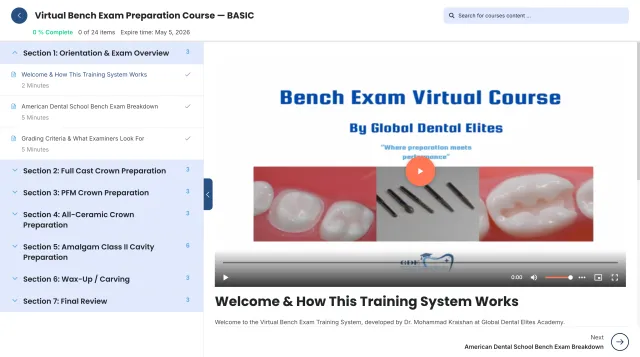 Course dashboard showing the seven sections, progress tracker, and the welcome lesson playing on the right.