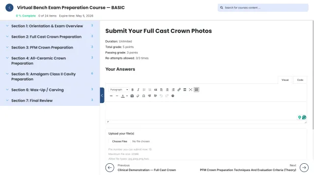 Submission screen for the Full Cast Crown exercise, with a photo uploader and grading criteria.