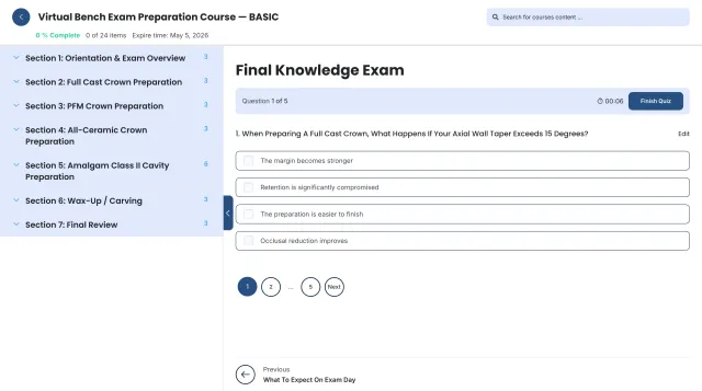 Final Knowledge Exam page with multiple-choice questions and an active timer.
